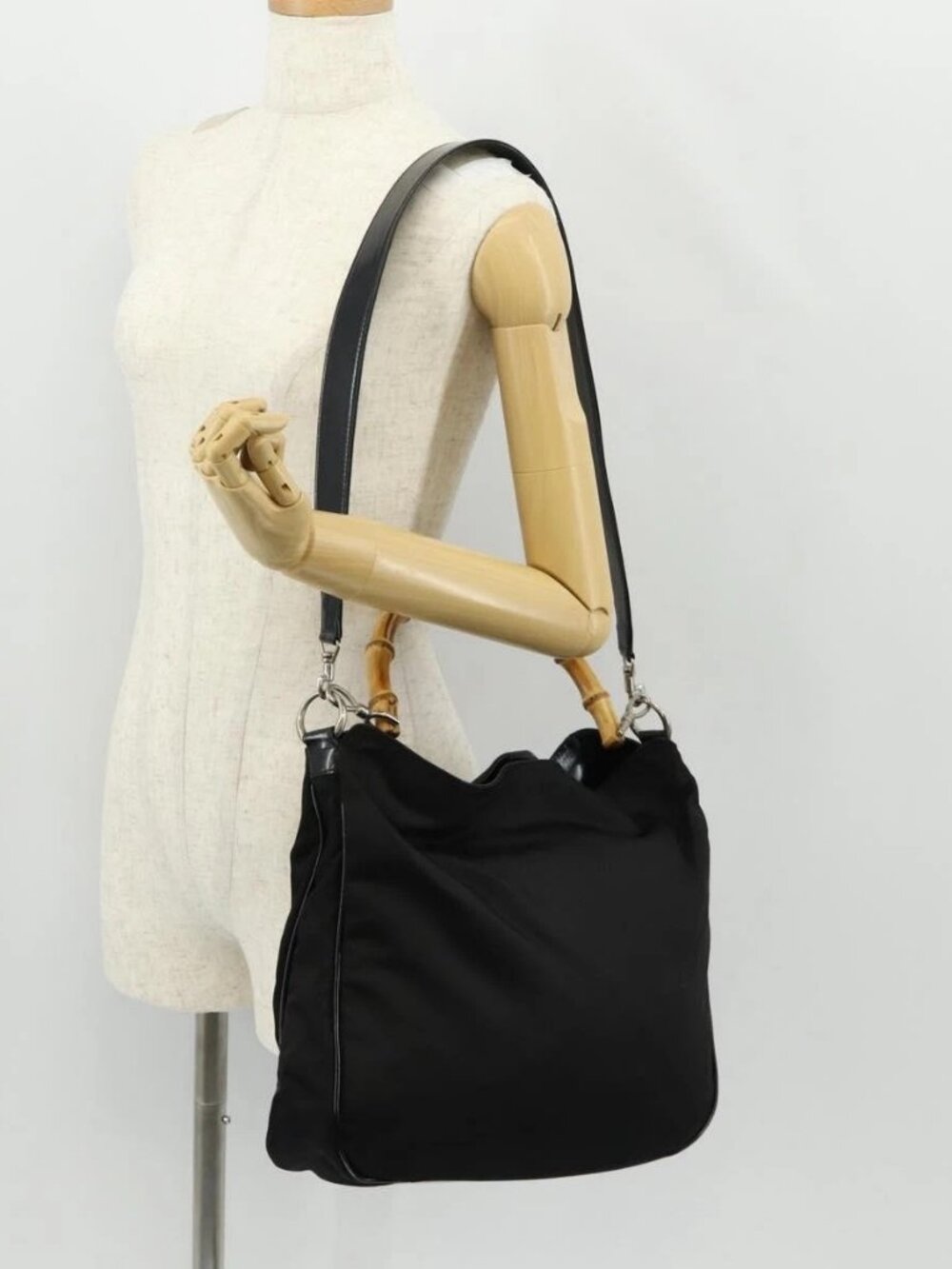 GUCCI Bamboo Hand Bag Nylon 2way Black Gold 001 2058 1577 5 Auth gh1412